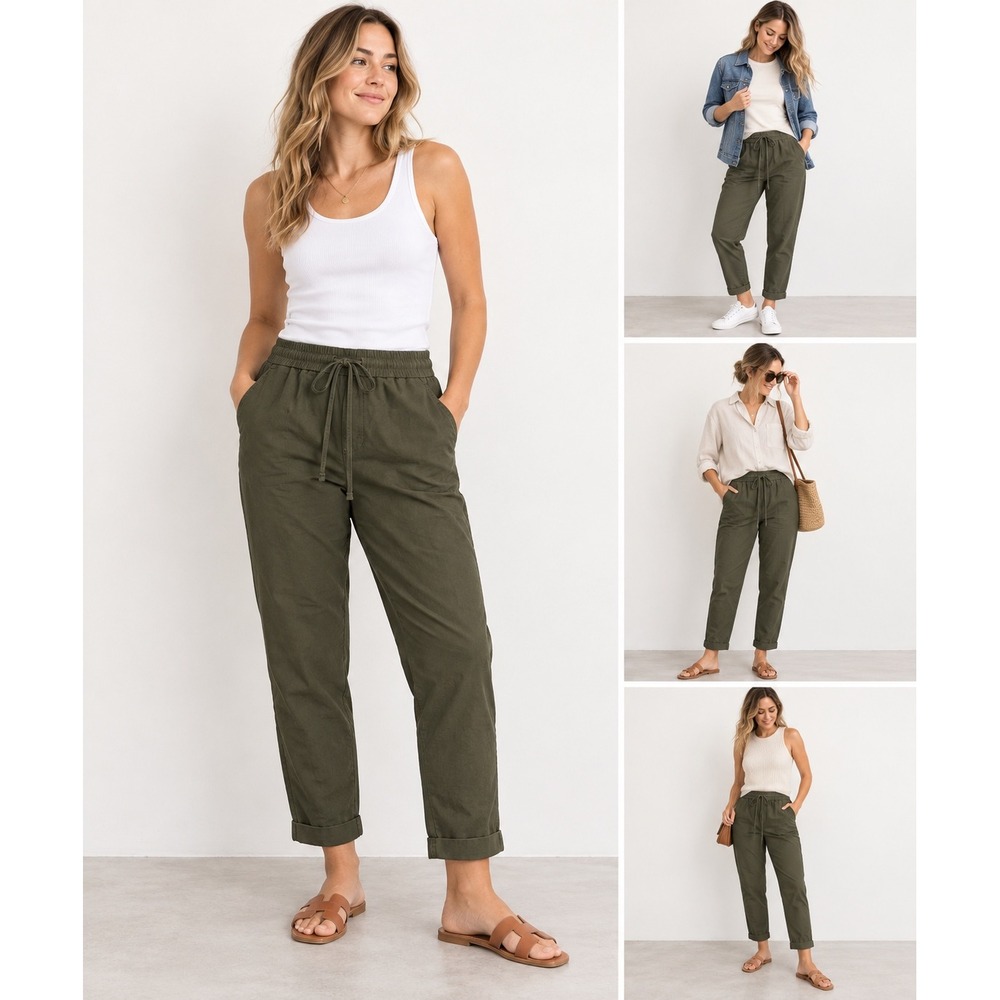 J.Crew Joggers Womens 6 Olive Green Linen Blend Drawstring Cuffed Pants Casual